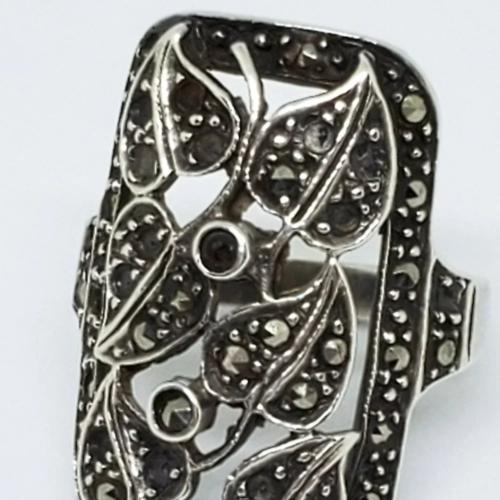 Vintage Victorian Leaf Marcasite Elegant Sterling Silver Ring SZ 5.5 